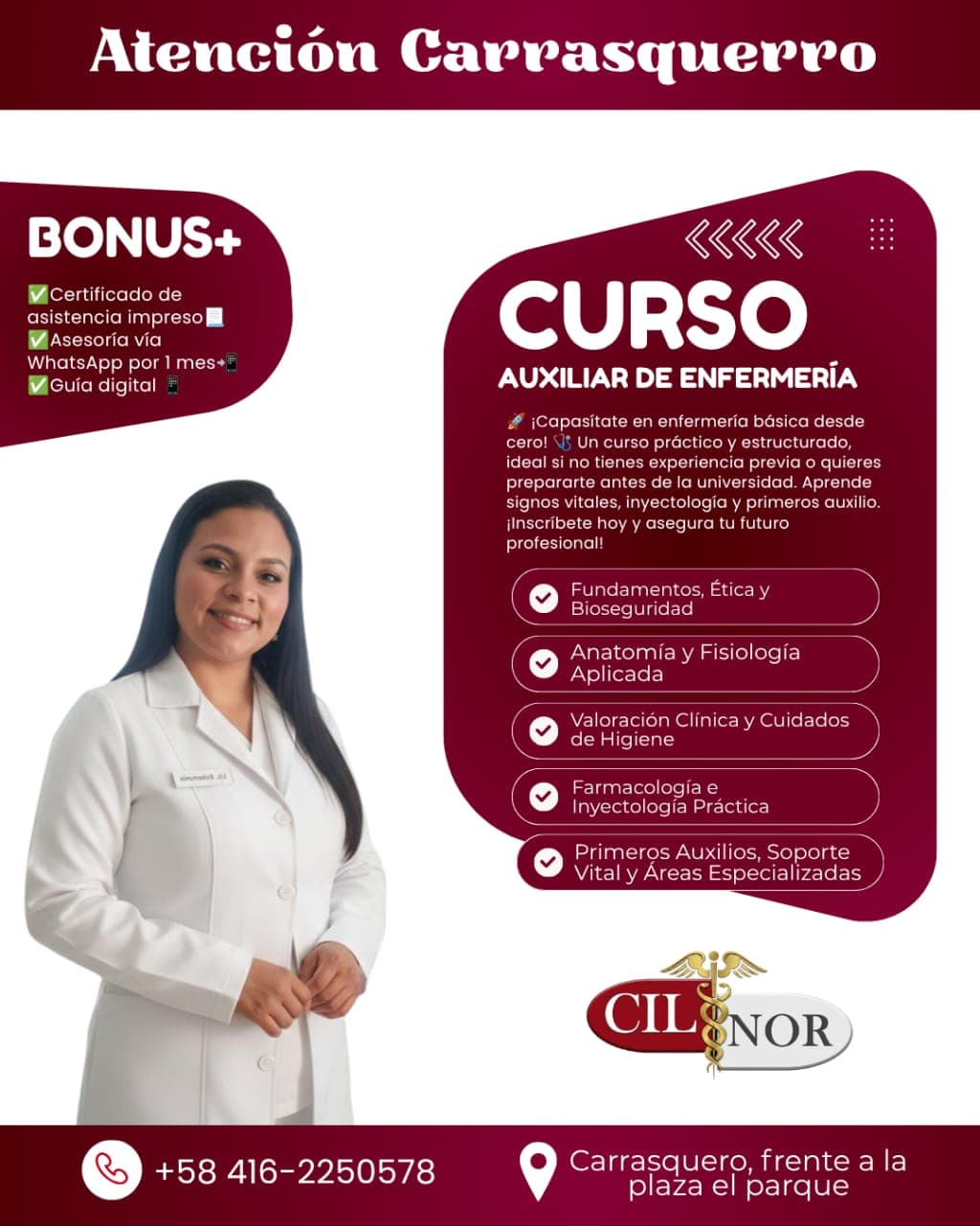 Flyer del curso de auxiliar de enfermería
