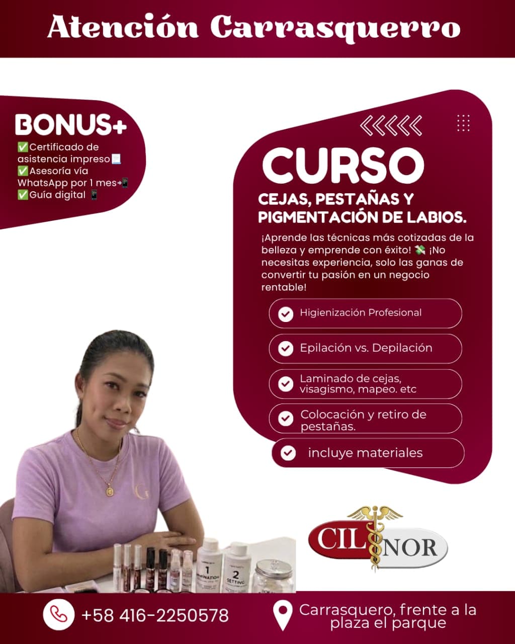 Flyer del curso de cejas, pestañas y pigmentación de labios