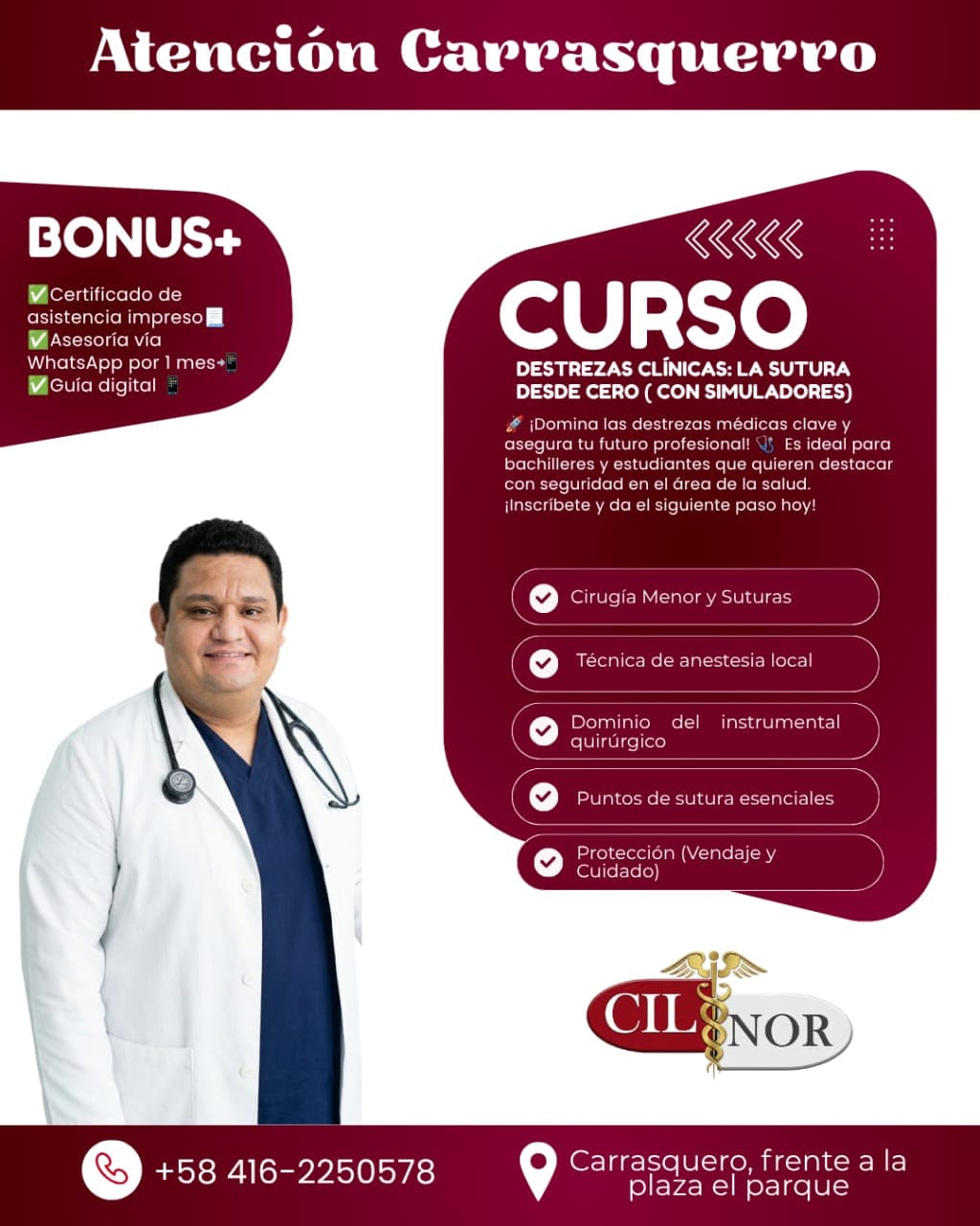 Flyer del curso de sutura con simuladores